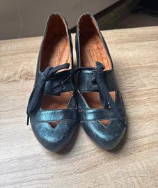 Chie Mihara 37 scarpe retrò blu pelle tacco basso 