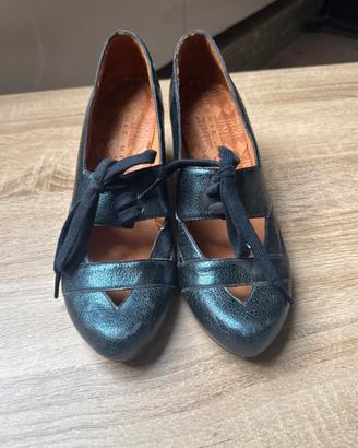 Chie Mihara 37 scarpe retrò blu pelle tacco basso 