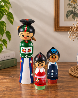 3 Kokeshi coreane anni '60 mamma e bambini