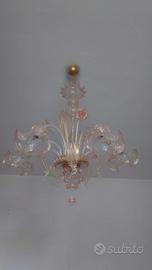 lampadario murano 5 luci rosa e trasparente oro