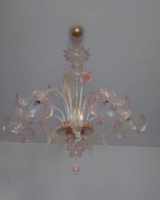 lampadario murano 5 luci rosa e trasparente oro