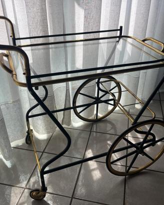 Carrello Vintage Metallo ottone Vetro Doppio Piano