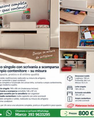 Letto singolo con scrivania e armadio su misura