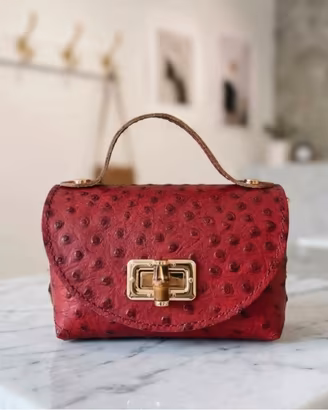 Mini borsa Struzzo rossa  bambù + tracolla 