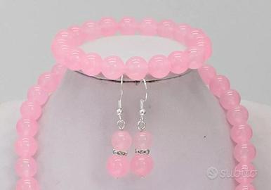 Parure collana bracciale orecchini quarzo rosa