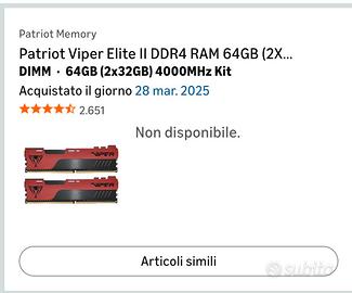 RAM patriot viper elite ddr4  64GB 2x32 4000 MHZ