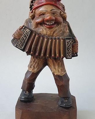 ANTICA STATUA IN LEGNO (ANRI) DI GNOMO MUSICISTA
