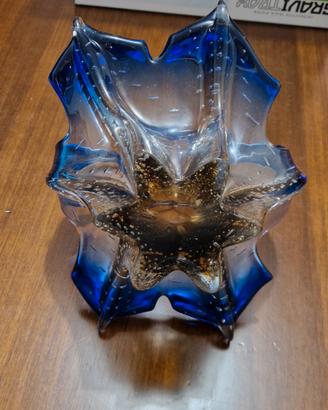 cestino vetro di murano blu cobalto e oro con boll
