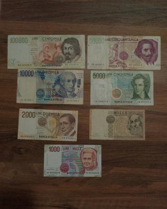 Lotto sette banconote vecchie lire, pre euro. 