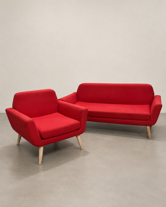 Divano 2 posti e poltrona rossi - Design vintage