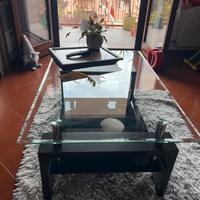 Tavolino da salotto in vetro e legno scuro