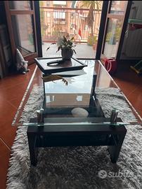 Tavolino da salotto in vetro e legno scuro