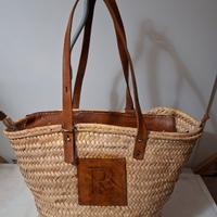 Borsa a spalla sfoderata in paglia e cuoio
