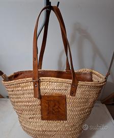 Borsa a spalla sfoderata in paglia e cuoio