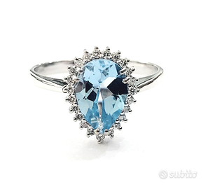 Anello goccia Oro Bianco Acquamarina Diamanti 18kt