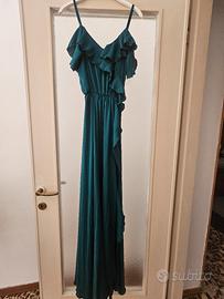 Abito lungo elegante con volant - Verde petrolio