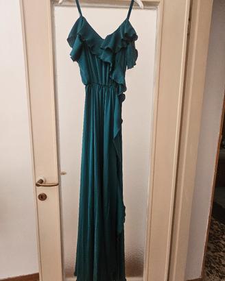 Abito lungo elegante con volant - Verde petrolio