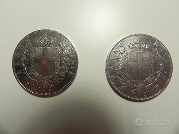 MONETE D'ARGENTO LIRE 5 DEL 1875 + 1876