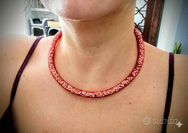 Collana girocollo  rete rosa con brillantini 