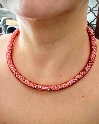 Collana girocollo  rete rosa con brillantini 