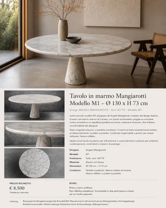 Tavolo  da design in marmo M1 Angelo Mangiarotti