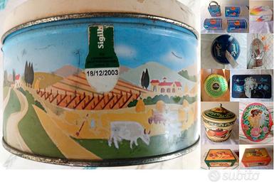 Antico contenitore di biscotti, e altro in latta