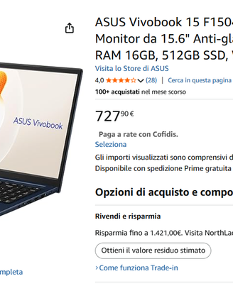ASUS Vivobook 15, i7 150U, 16GB, 512GB SSD NUOVO