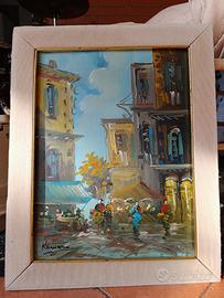 Quadro Olio su Tela Paesaggio Cittadino Firmato