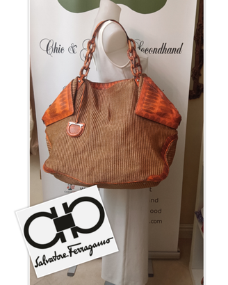 SALVATORE FERRAGAMO BORSA SHOPPING rafia e rettile
