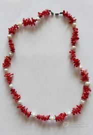 Collana vintage Corallo Rosso e Perle