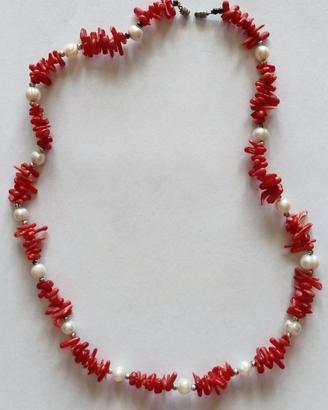 Collana vintage Corallo Rosso e Perle