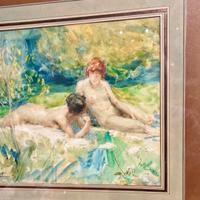 Sull'erba- Acquerello art nouveau A. Calbet