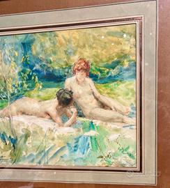 Sull'erba- Acquerello art nouveau A. Calbet