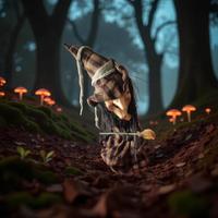 Strega in un bosco fiabesco e nebbioso: