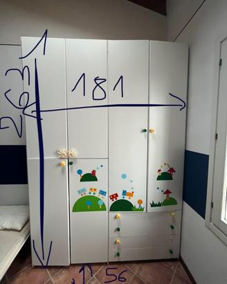 Armadio cameretta bambini bianco 6 ante 4 cassetti