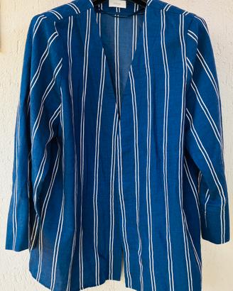 Giacca Kimono Oltre Blu Righe Lino Cotone Tg 52
