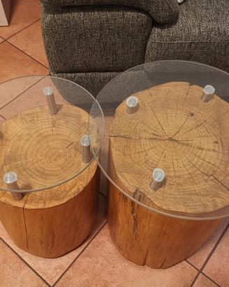 tavolini in vetro e puro tronco di albero