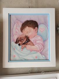 dipinto bambino con il cane dipinto ad olio 