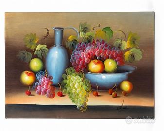Bottiglia azzurra e uva - olio su tela 50x70