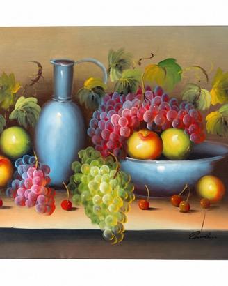 Bottiglia azzurra e uva - olio su tela 50x70