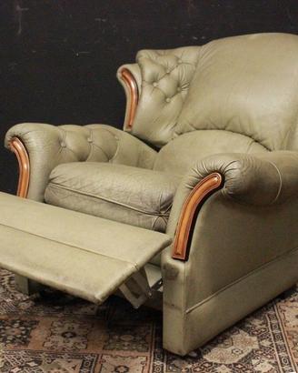 Poltrona Chesterfield recliner pelle verde e legno