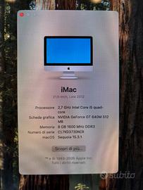 iMac 21'' 2,7GHz, I5 quad core NVIDIA512 -RAM 8GB