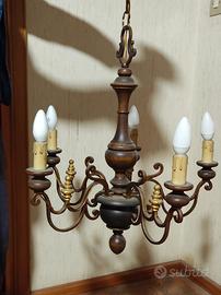 Lampadario ottone e legno 5 luci vintage