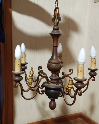 Lampadario ottone e legno 5 luci vintage