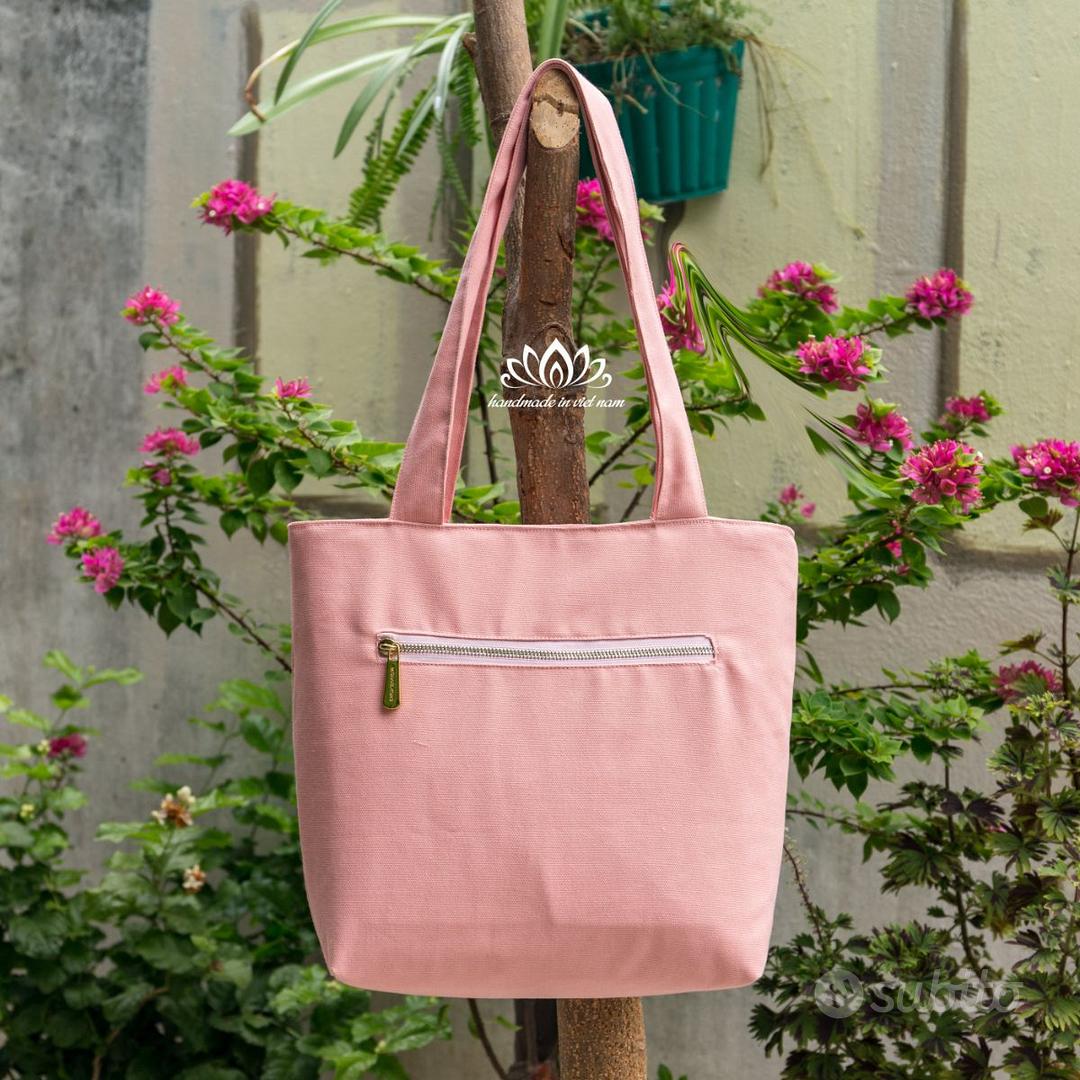 Tote Bag con cerniera, ricamo a nastro rosa, - Abbigliamento e