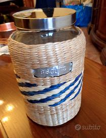Barattolo Biscotti Vetro e Vimini Beige/Blu