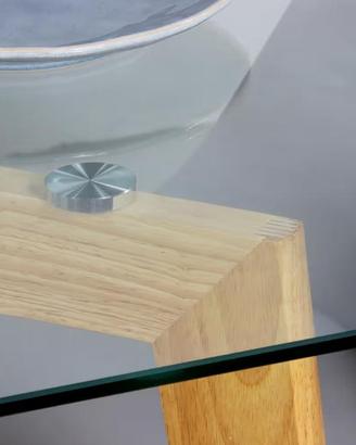 Tavolo da sala con top in vetro e gambe in legno