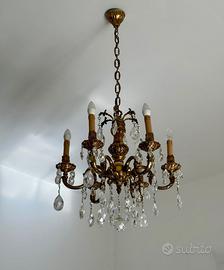 Lampadario anni 70 ottone cristallo