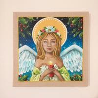 Quadretto di Natale, dipinto a mano, con angelo 