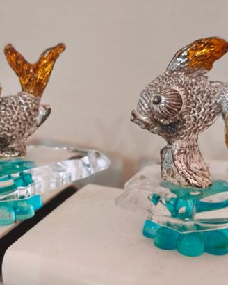Coppia statuine Pesciolini in vetro e metallo